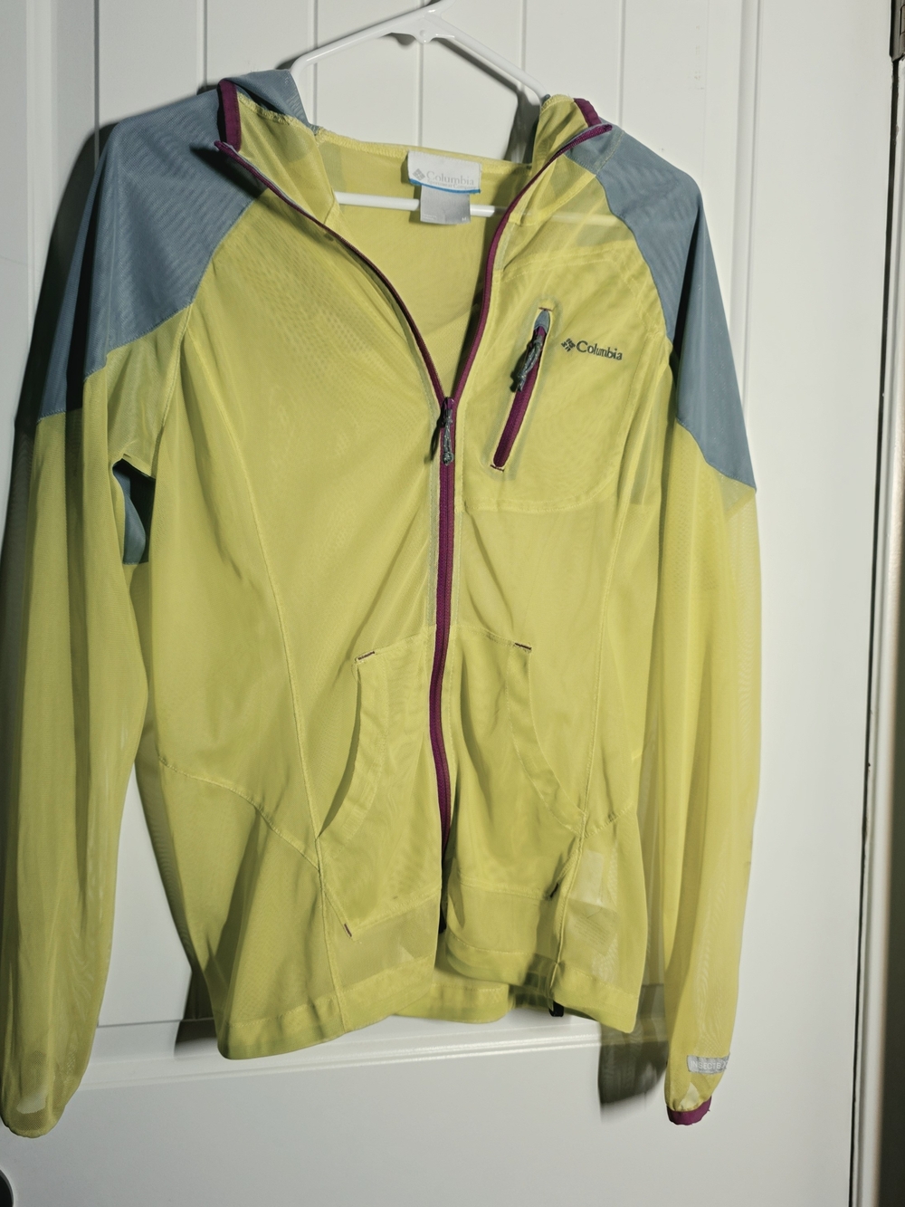 Columbia Yellow and Light Blue Hooded Insect Blocker Jacket with Pink Trim